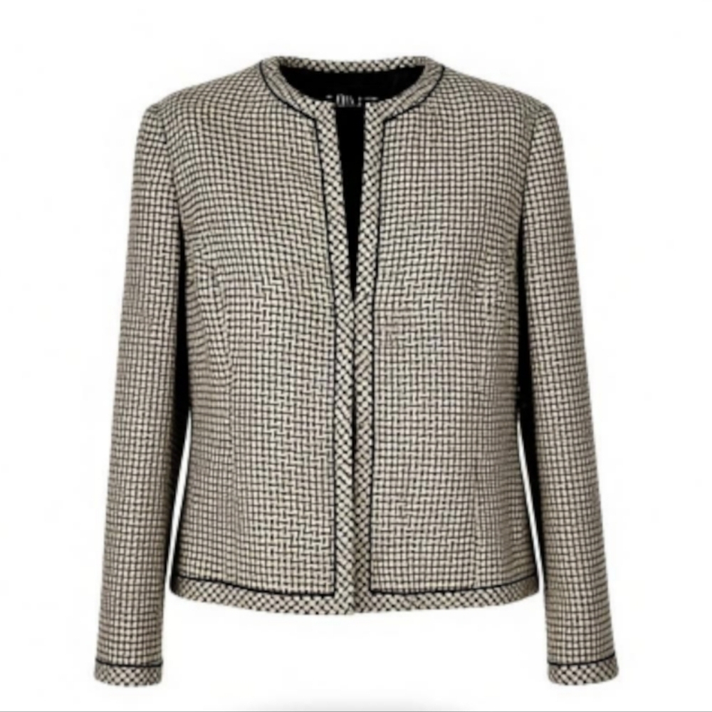 Kasper Tweed Blazer Size 12P 1 Hook Eye Closure Long Sleeve Lined Black Tan